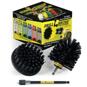 The Drillbrush 4O-5X Ultra Stiff Black Grill and Industrial Brush Kit in front of the packaging it comes in.