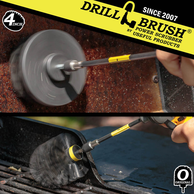 Action shots of an Ultra Stiff Black Original brush in a 5 inch extension cleaning grill grates and an Ultra Stiff 4 inch Drillbrush in a 5 inch extension cleaning a grill hood.