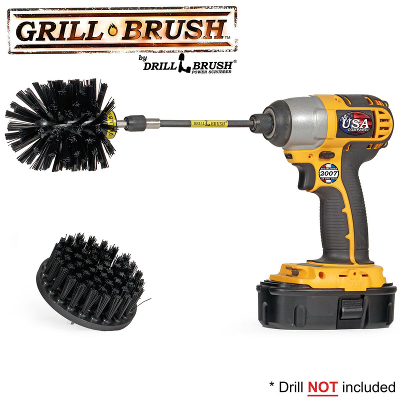 Drillbrush 4O-5X Ultra Stiff Black Grill and Industrial Brush Kit with an Original brush in a 5 inch extension in a cordless drill.