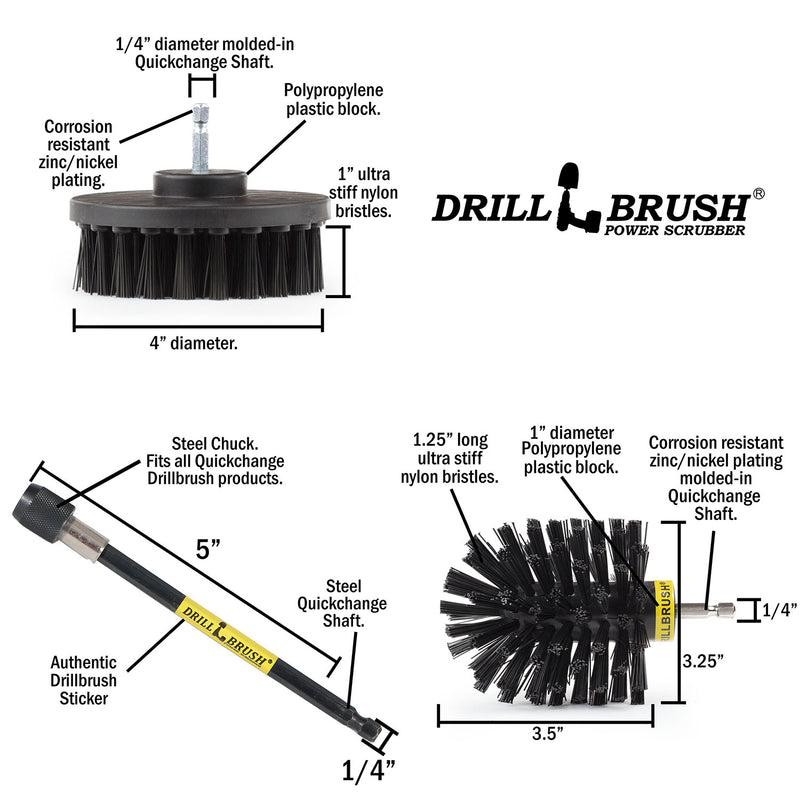 Specs for the Drillbrush 4O-5X Ultra Stiff Black Grill & Industrial Brush Kit.