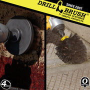 Action shots of an Ultra Stiff Black Original brush cleaning concrete and an Ultra Stiff 4 inch Drillbrush cleaning a grill hood.