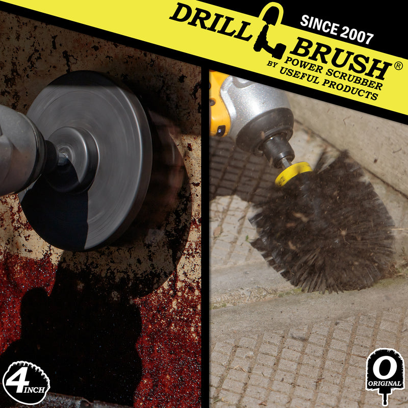 Action shots of an Ultra Stiff Black Original brush cleaning concrete and an Ultra Stiff 4 inch Drillbrush cleaning a grill hood.