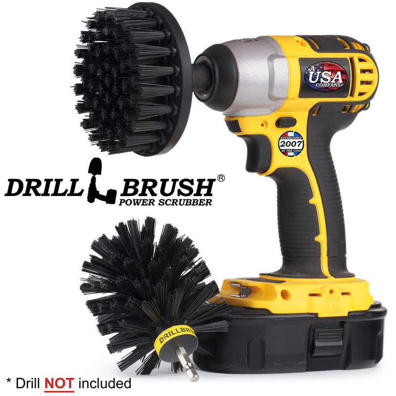 Drillbrush 4O Ultra Stiff Black Grill & Industrial Brush Kit with a 4 inch brush in a cordless drill.