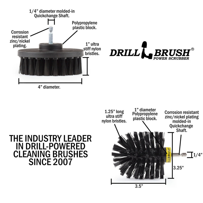 Specs for the Drillbrush 4O Ultra Stiff Black Grill & Industrial Brush Kit.