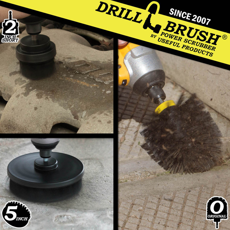 Action shots of an Ultra Stiff Black Original brush cleaning grout lines in concrete tiles, an Ultra Stiff Black 2 inch Short Drillbrush cleaning an engine block, and an Ultra Stiff 5 inch Drillbrush cleaning a concrete floor.