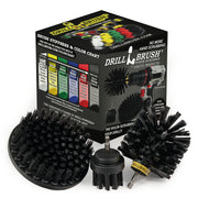 The Drillbrush 52O Ultra Stiff Black Grill & Industrial Brush Kit in front of the box it comes in.