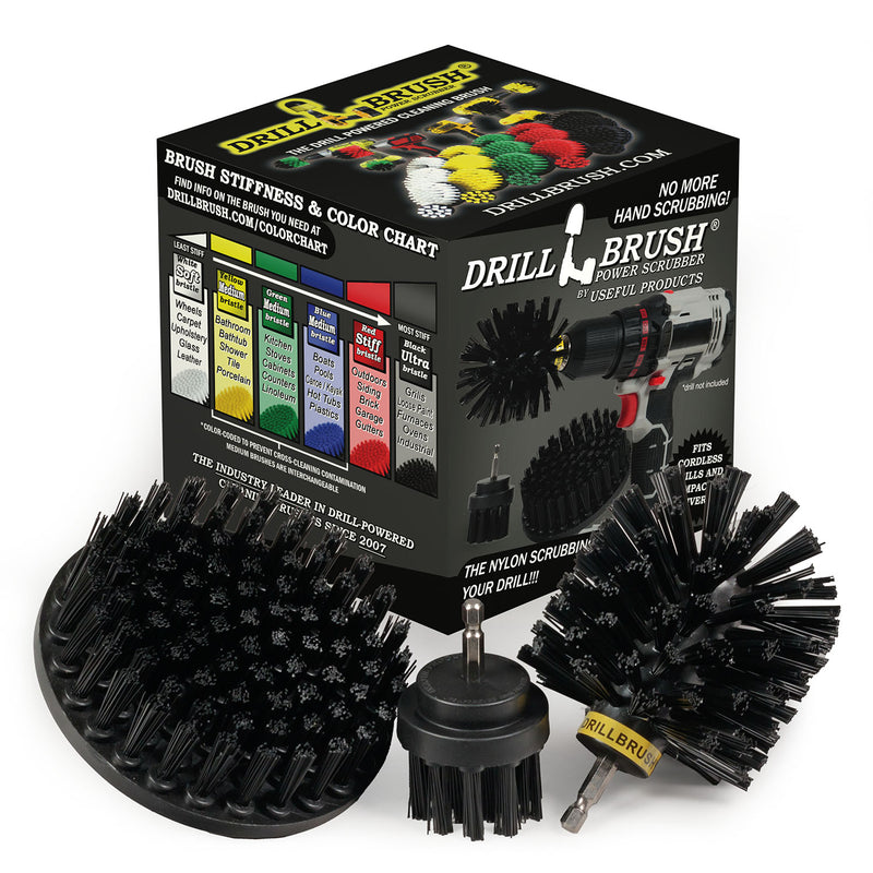 The Drillbrush 52O Ultra Stiff Black Grill & Industrial Brush Kit in front of the box it comes in.
