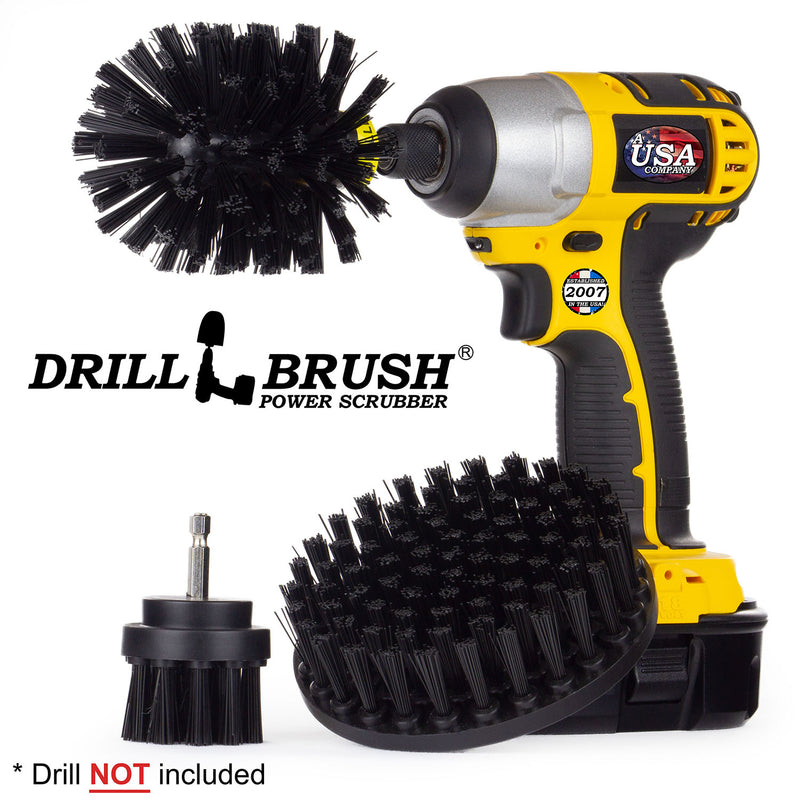 Drillbrush 52O Ultra Stiff Black Grill & Industrial Brush Kit with an Original brush in a cordless drill.