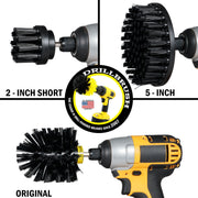 Images of the Drillbrush 2 inch Short, 5 inch, and Original Ultra Stiff Black Grill & Industrial Brushes in cordless drills.
