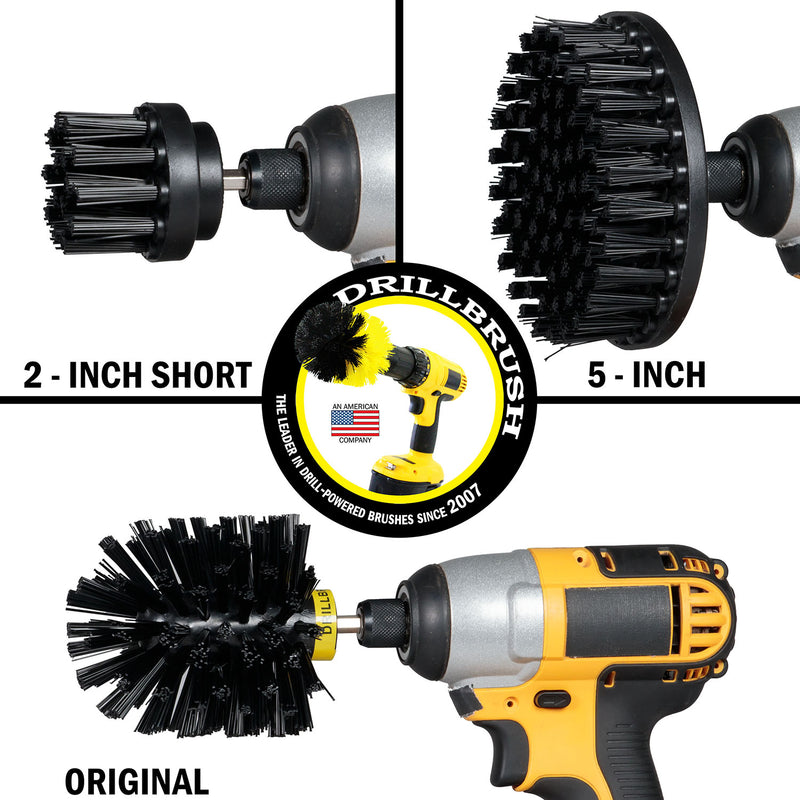 Images of the Drillbrush 2 inch Short, 5 inch, and Original Ultra Stiff Black Grill & Industrial Brushes in cordless drills.