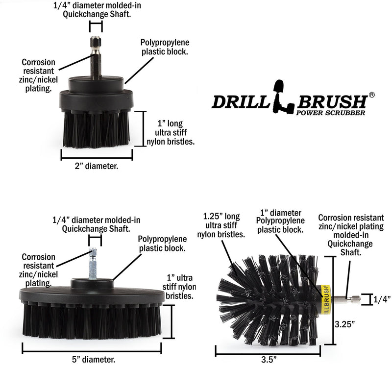 Specs for the Drillbrush 52O Ultra Stiff Black Grill & Industrial Brush Kit.