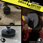 Action shots of an Ultra Stiff Black 2 inch Short Drillbrush cleaning an engine, an Ultra Stiff Black 4 inch Drillbrush cleaning a grill hood, and a Ultra Stiff Black 5 inch Drillbrush cleaning a concrete floor.