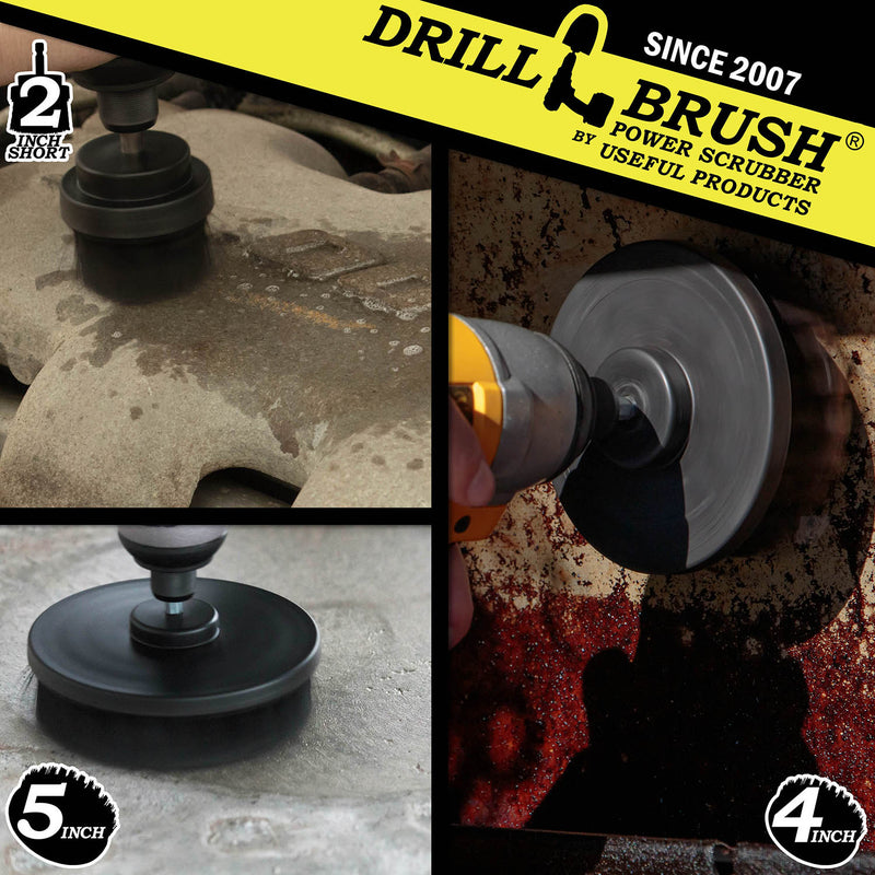 Action shots of an Ultra Stiff Black 2 inch Short Drillbrush cleaning an engine, an Ultra Stiff Black 4 inch Drillbrush cleaning a grill hood, and a Ultra Stiff Black 5 inch Drillbrush cleaning a concrete floor.