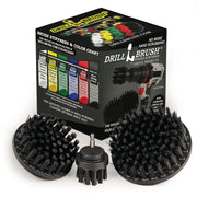 The Drillbrush 542 Ultra Stiff Black Grill & Industrial Brush Kit in front of the box it comes in.