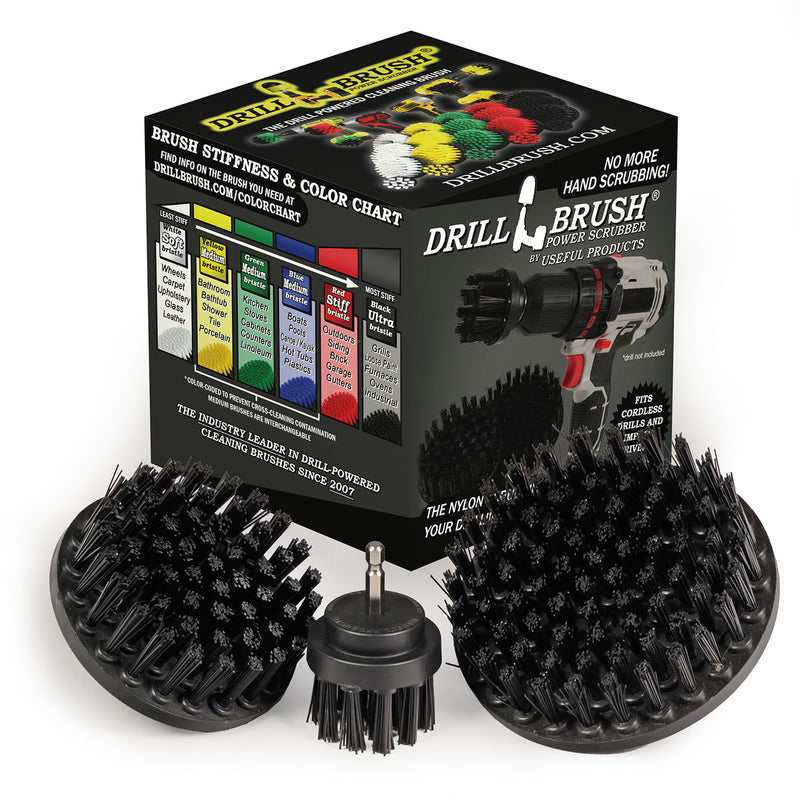 The Drillbrush 542 Ultra Stiff Black Grill & Industrial Brush Kit in front of the box it comes in.