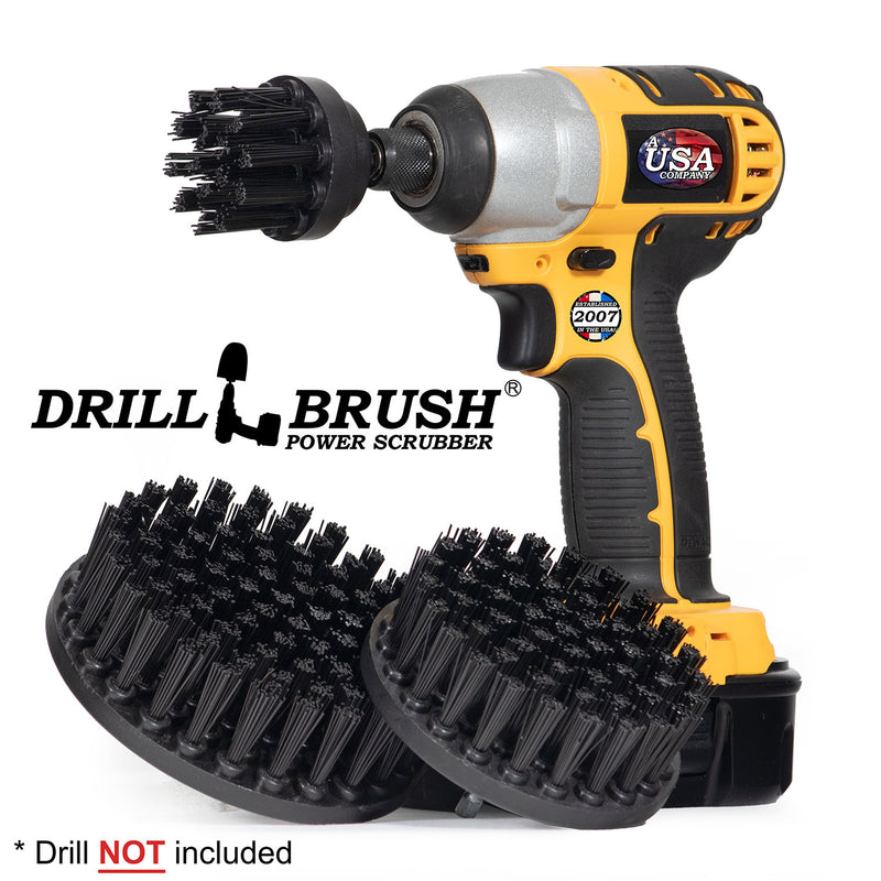 The Drillbrush 542 Ultra Stiff Grill Brush Kit with 2 inch brush placed in a cordless drill.