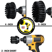 Images of the Drillbrush 2 inch Short, 4 inch, and 5 inch Ultra Stiff Black Grill & Industrial Brushes in cordless drills.