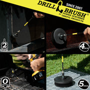 Action shots of an Ultra Stiff Black Original brush in a 7 inch extension cleaning grill grates, an Ultra Stiff Black 2 inch Short Drillbrush in a 7 inch extension cleaning the body of grill, an Ultra Stiff Black 4 inch Drillbrush in a 7 inch extension cleaning the hood of a grill, and an Ultra Stiff 5 inch Drillbrush in a 7 inch extension cleaning diamond plating.