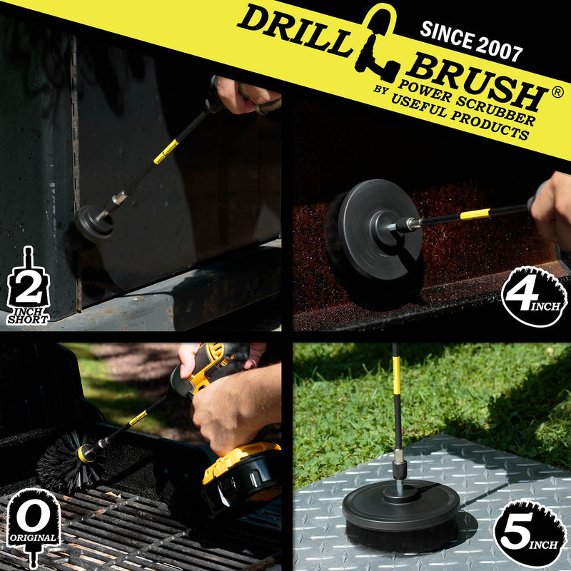 Action shots of an Ultra Stiff Black Original brush in a 7 inch extension cleaning grill grates, an Ultra Stiff Black 2 inch Short Drillbrush in a 7 inch extension cleaning the body of grill, an Ultra Stiff Black 4 inch Drillbrush in a 7 inch extension cleaning the hood of a grill, and an Ultra Stiff 5 inch Drillbrush in a 7 inch extension cleaning diamond plating.
