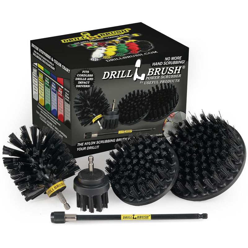 The Drillbrush 542O-7X Ultra Stiff Black Grill & Industrial Brush Kit in front of the box it comes in.