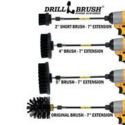 Images of the Drillbrush 2 inch Short, 4 inch, 5 inch, and Original Ultra Stiff Black Grill & Industrial Brushes in 7 inch extensions in cordless drills.