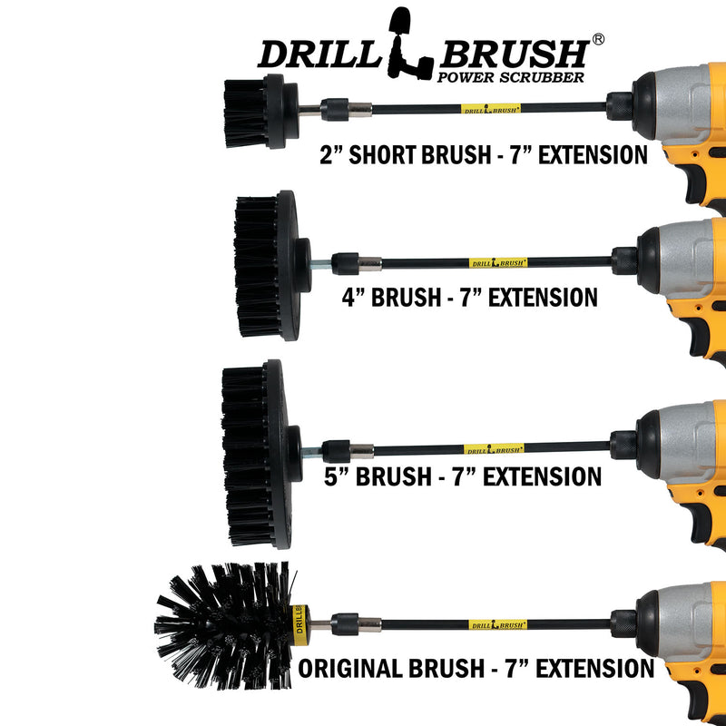 Images of the Drillbrush 2 inch Short, 4 inch, 5 inch, and Original Ultra Stiff Black Grill & Industrial Brushes in 7 inch extensions in cordless drills.