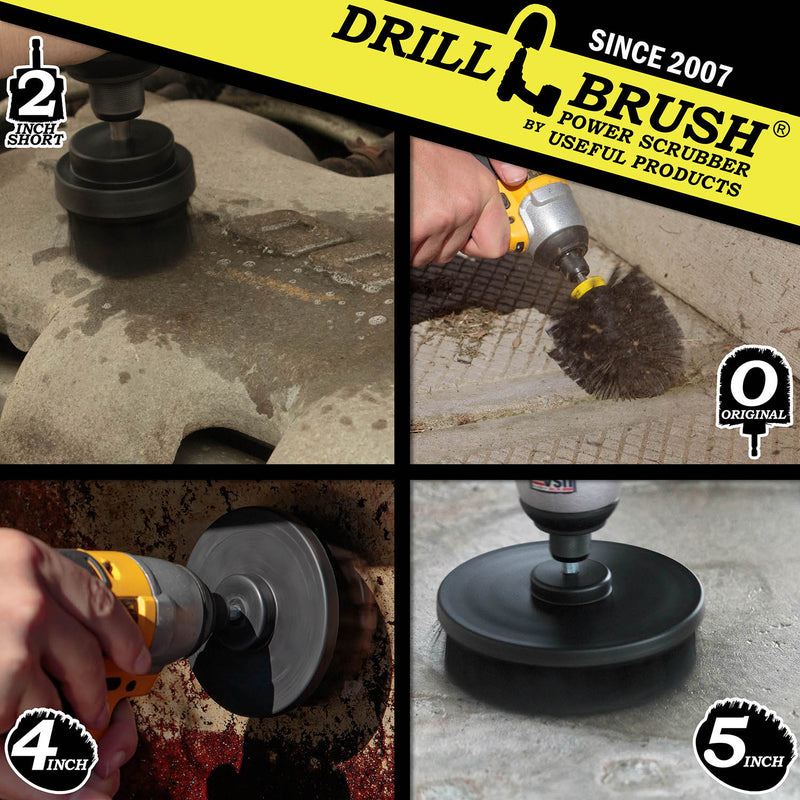 Action shots of an Ultra Stiff Black Original brush cleaning grill grates, an Ultra Stiff Black 2 inch Short Drillbrush cleaning an engine block, an Ultra Stiff Black 4 inch Drillbrush cleaning a grill burner shield, and an Ultra Stiff 5 inch Drillbrush cleaning a concrete floor.