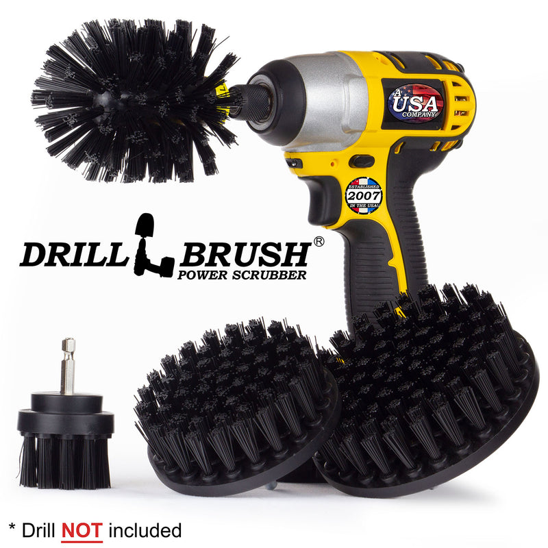 Drillbrush 542O Ultra Stiff Black Grill & Industrial Brush Kit with an Original brush in a cordless drill.