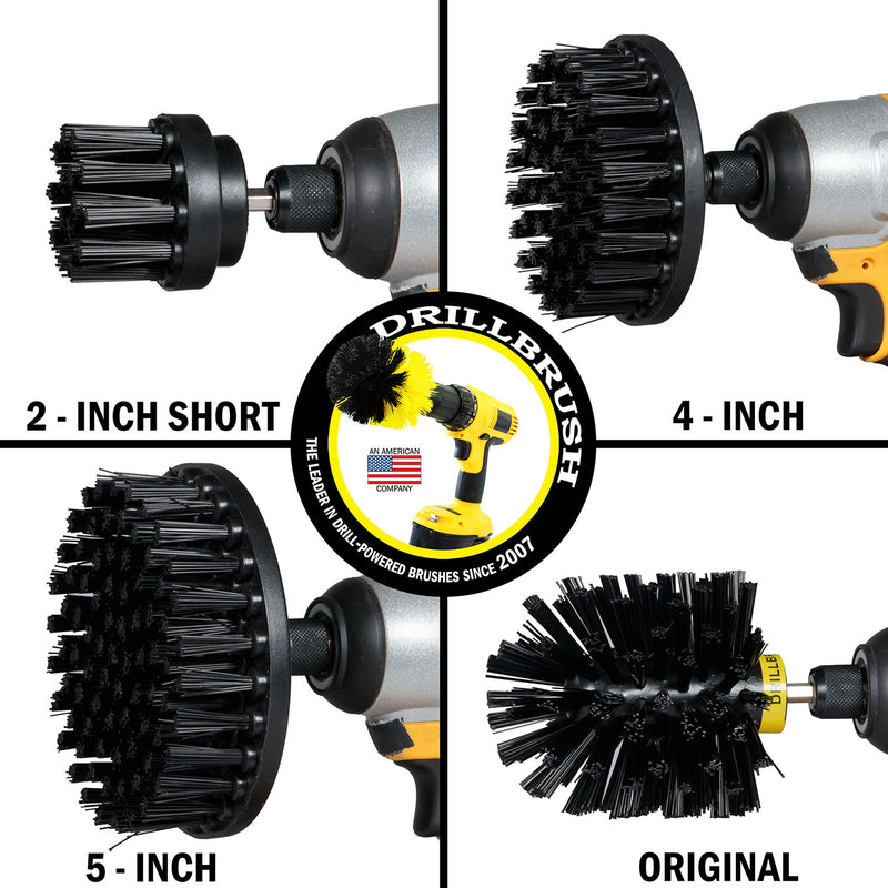 Images of the Drillbrush 2 inch Short, 4 inch, 5 inch, and Original Ultra Stiff Black Grill & Industrial Brushes in cordless drills.