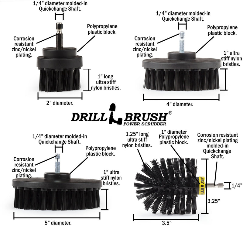 Specs for the Drillbrush 542O Ultra Stiff Black Grill & Industrial Brush Kit.