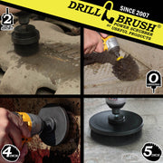 Action shots of an Ultra Stiff Black Original brush cleaning grill grates, an Ultra Stiff Black 2 inch Short Drillbrush cleaning an engine block, an Ultra Stiff Black 4 inch Drillbrush cleaning a grill burner shield, and an Ultra Stiff 5 inch Drillbrush cleaning a concrete floor.