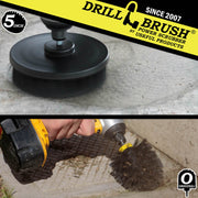 Action shots of an Ultra Stiff Black Original brush cleaning concrete and an Ultra Stiff 5 inch Drillbrush cleaning a concrete floor.