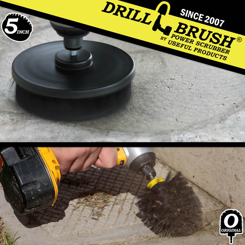 Action shots of an Ultra Stiff Black Original brush cleaning concrete and an Ultra Stiff 5 inch Drillbrush cleaning a concrete floor.