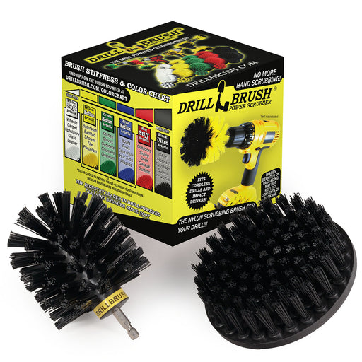 Drillbrush Ultra Stiff Black 5O Grill and Industrial Brush Kit in front of the box it comes in.