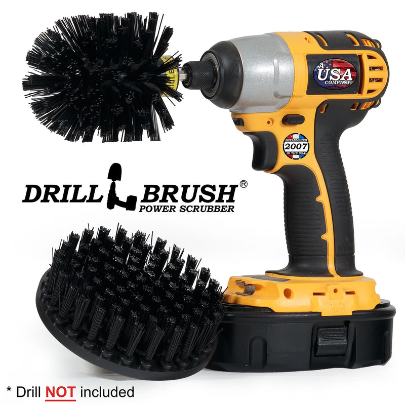 Drillbrush 5O Ultra Stiff Black Grill & Industrial Brush Kit with an Original brush in a cordless drill.