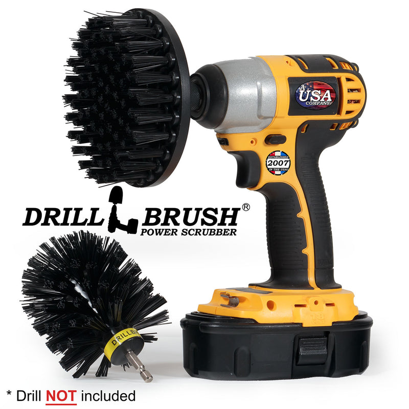 Drillbrush 5O Ultra Stiff Black Grill & Industrial Brush Kit with an Original brush in a cordless drill.
