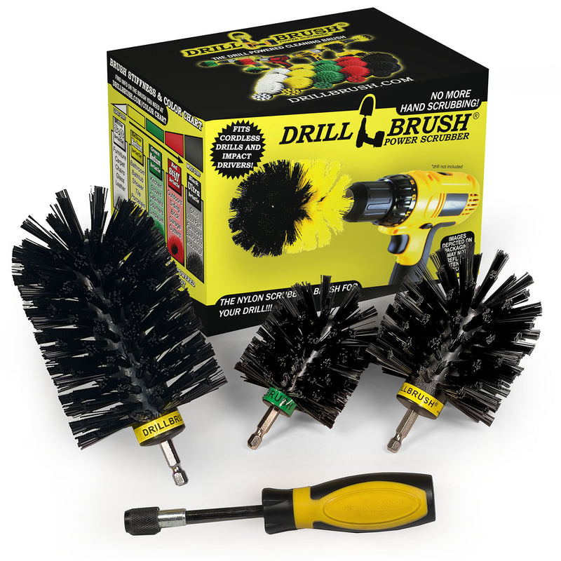 Jumbo, Original, and Mini Brushes w/ Handle Kit - Ultra Stiff Black Bristles - Grill & Industrial Cleaning | K-S-JOM-HD-QC-DB