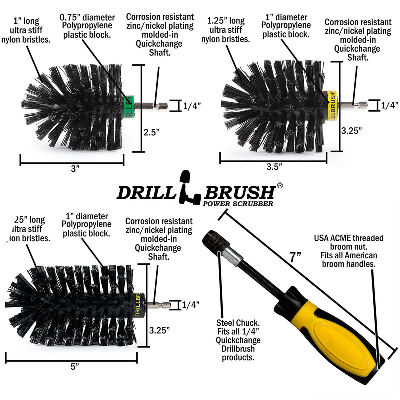 Jumbo, Original, and Mini Brushes w/ Handle Kit - Ultra Stiff Black Bristles - Grill & Industrial Cleaning | K-S-JOM-HD-QC-DB