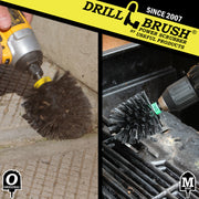 Action shots of an Ultra Stiff Black Original brush cleaning concrete and an Ultra Stiff Mini Drillbrush cleaning a burner shield.