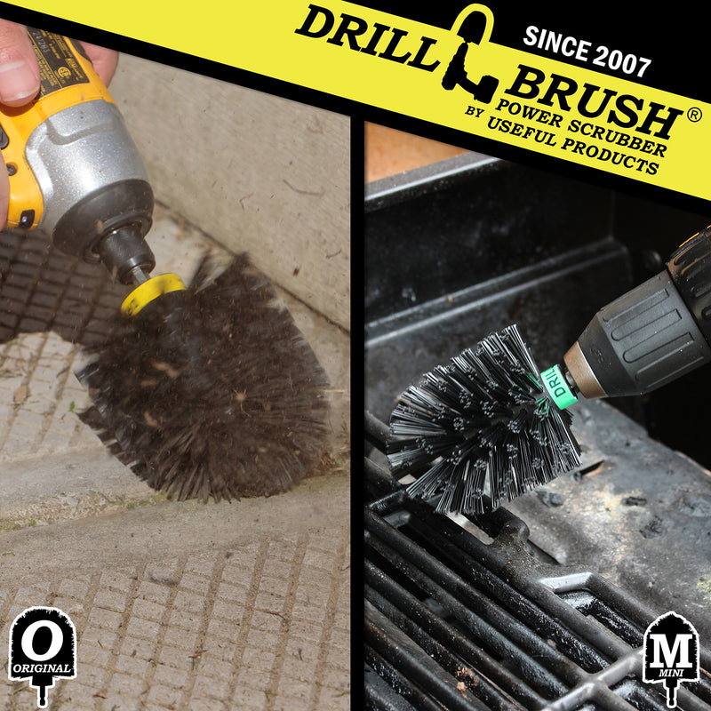 Action shots of an Ultra Stiff Black Original brush cleaning concrete and an Ultra Stiff Mini Drillbrush cleaning a burner shield.