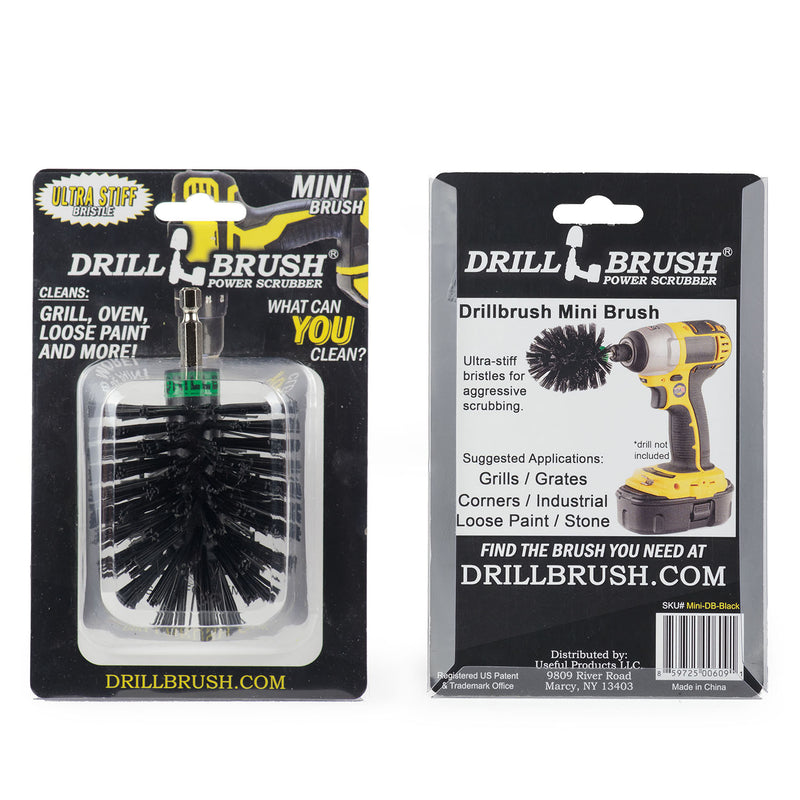 Front and back of the Drillbrush Ultra Stiff Black Mini Original in a blister pack.