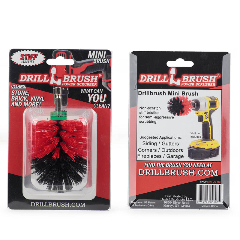 Drillbrush Mini Stiff Red Outdoor & Patio Brush in it's blister packaging.