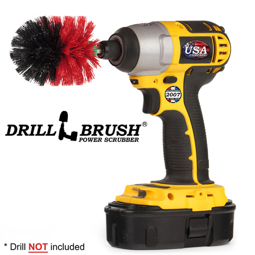 Drillbrush Mini Stiff Red Outdoor and Patio Brush in a cordless drill.