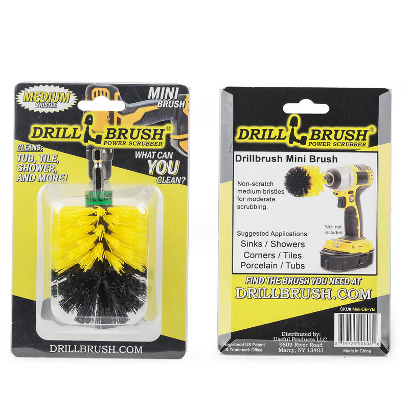 Drillbrush Mini Medium Yellow Bathroom Brush in it's blister packaging.