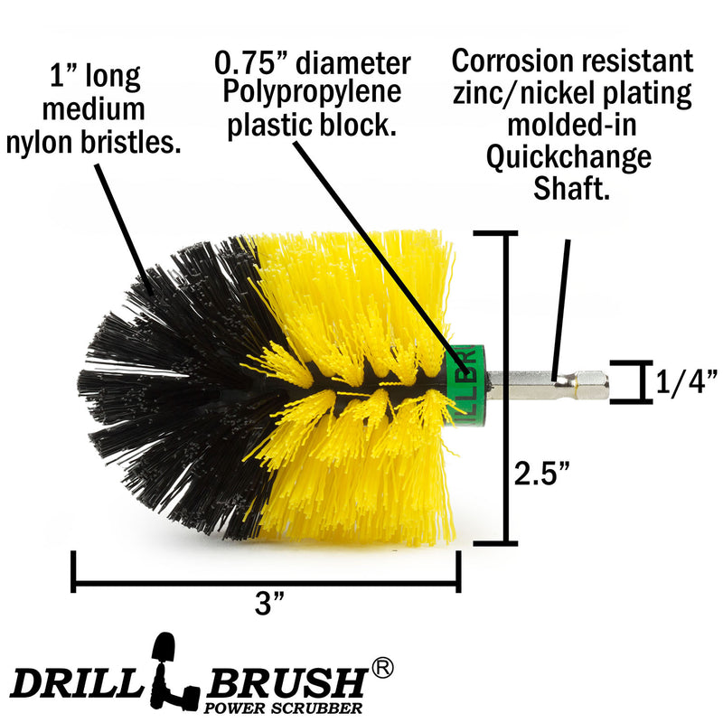 Specs for the Drillbrush Mini Medium Yellow Bathroom Brush.