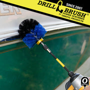 Drillbrush Original Medium Blue Marine & Pool Brush in a 5 inch extension cleaning the trim of a boat.