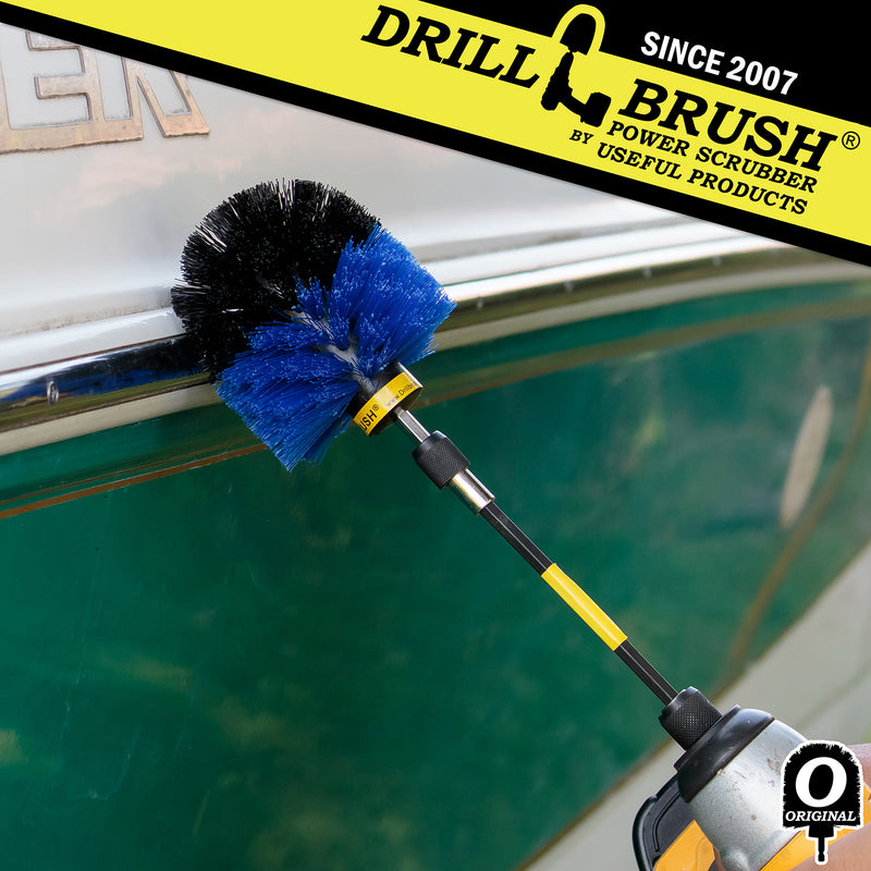 Drillbrush Original Medium Blue Marine & Pool Brush in a 5 inch extension cleaning the trim of a boat.