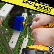 Drillbrush Original Medium Blue Marine & Pool Brush cleaning the a boat ladder.