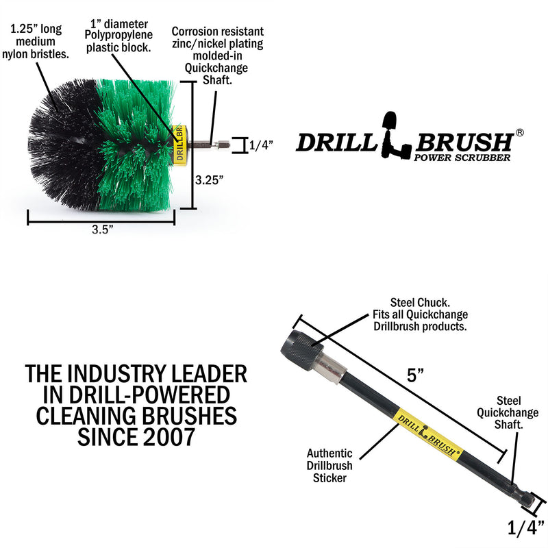 Specs for the Drillbrush Original Medium Green Kitchen Brush and 5 inch extension.