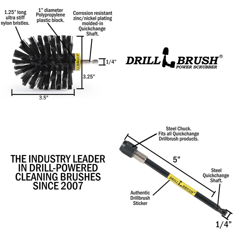 Specs for the Drillbrush Original Ultra Stiff Black Grill & Industrial Brush and a 5 inch extension.
